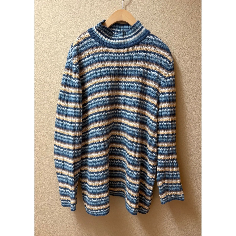 Vintage C.J. Banks Blue & Yellow Striped Chunky Knit Mock-Neck Sweater Cotton 1X
